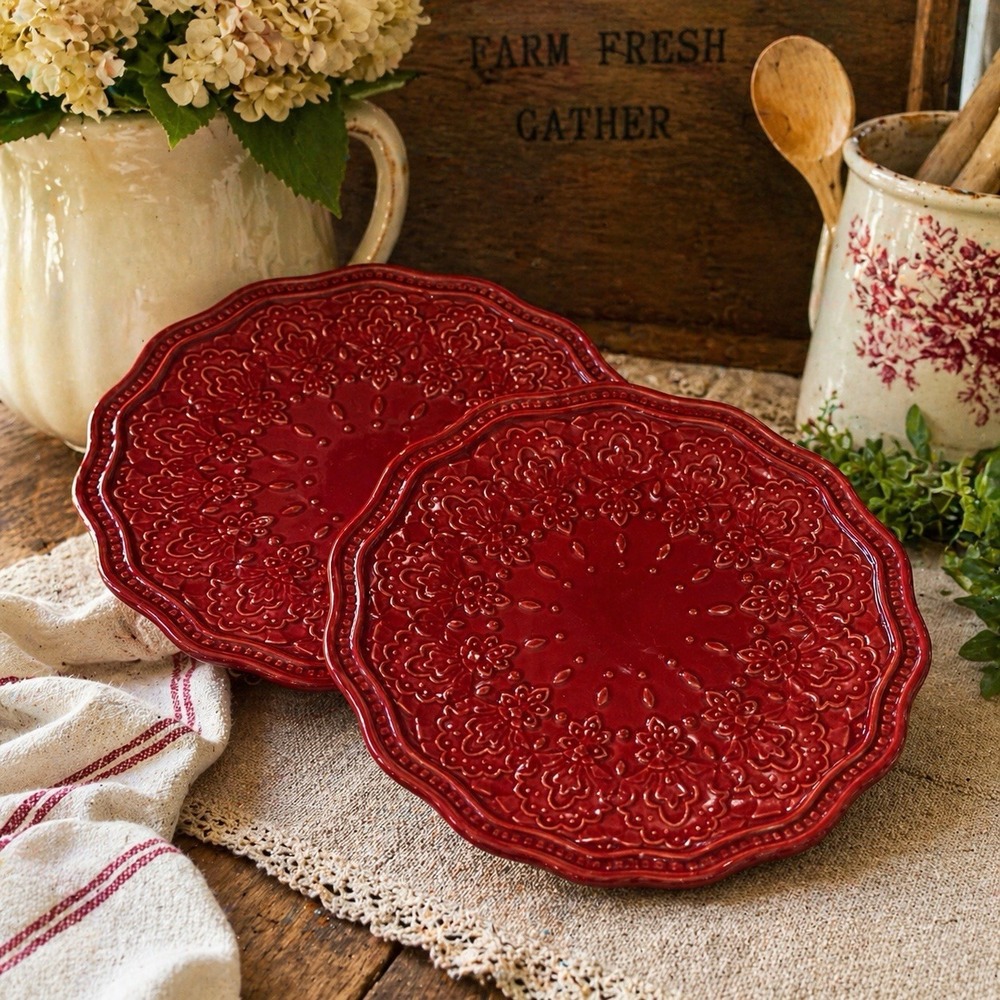 Pioneer Woman Farmhouse Lace Claret Salad Plates Set 2 Red Cowgirl Lace 8.5"